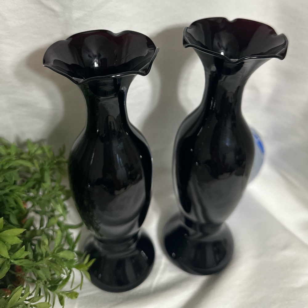 Antique Pair of Black Amethyst Hand Blown Vases